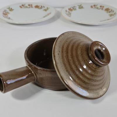 LOT 36K: Otagiri Owl Mug, California Pantry Covered Casserole Bowl, Stone Ware Microwave Cooker, Pfaltzgraff Pieces, Two Royal Domino...