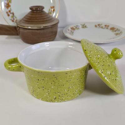 LOT 36K: Otagiri Owl Mug, California Pantry Covered Casserole Bowl, Stone Ware Microwave Cooker, Pfaltzgraff Pieces, Two Royal Domino...