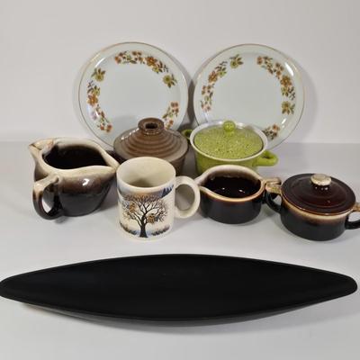 LOT 36K: Otagiri Owl Mug, California Pantry Covered Casserole Bowl, Stone Ware Microwave Cooker, Pfaltzgraff Pieces, Two Royal Domino...