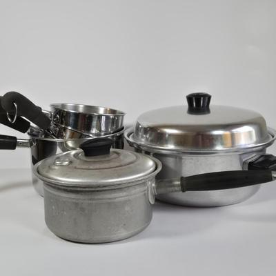 LOT 37K: Vintage Laurel Saucepan, Wear Ever Stock Pot, and Multiple Revere Ware Pots