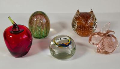 LOT 38K: Vintage Glass Bunny, Murano Style, Red Apple, Owl, and Multi Colored Personalized Paperweights