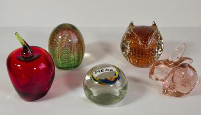 LOT 38K: Vintage Glass Bunny, Murano Style, Red Apple, Owl, and Multi Colored Personalized Paperweights