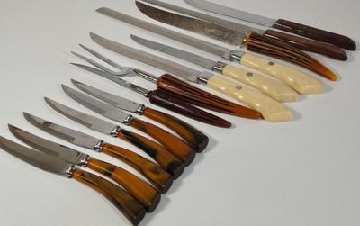 LOT 39K: Vintage Carving Set, Vintage Steak Knives - John Hull Cutlers Sheffield England Bakelite, and More