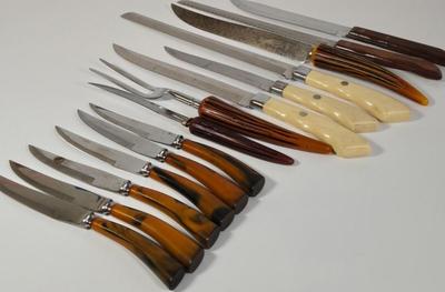LOT 39K: Vintage Carving Set, Vintage Steak Knives - John Hull Cutlers Sheffield England Bakelite, and More