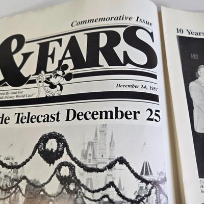 LOT 61K: Eyes and Ears 1986, 87, and 88 Copies, It's a Small World and Haunted House Albums, Mickey Mouse Figurine, and 2 Button Pins