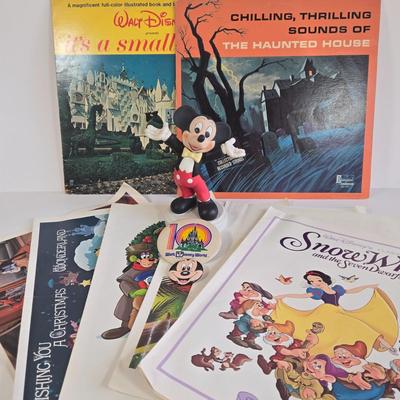 LOT 61K: Eyes and Ears 1986, 87, and 88 Copies, It's a Small World and Haunted House Albums, Mickey Mouse Figurine, and 2 Button Pins