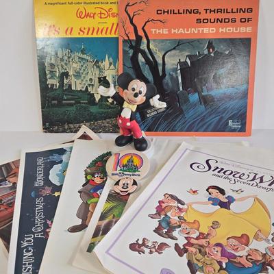 LOT 61K: Eyes and Ears 1986, 87, and 88 Copies, It's a Small World and Haunted House Albums, Mickey Mouse Figurine, and 2 Button Pins