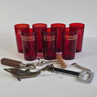 LOT 64K: Vintage Ruby Red Tumblers/Glasses and Multiple Can/ Bottle Openers