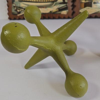 LOT 65L: 2 Charles Cerny Czech Artist 1960s Ship Art Print Wood Plaques, 2 Cast Iron Bookend/Doorsteop Jacks, and 2 Anchor Hocking Glass...