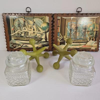 LOT 65L: 2 Charles Cerny Czech Artist 1960s Ship Art Print Wood Plaques, 2 Cast Iron Bookend/Doorsteop Jacks, and 2 Anchor Hocking Glass...