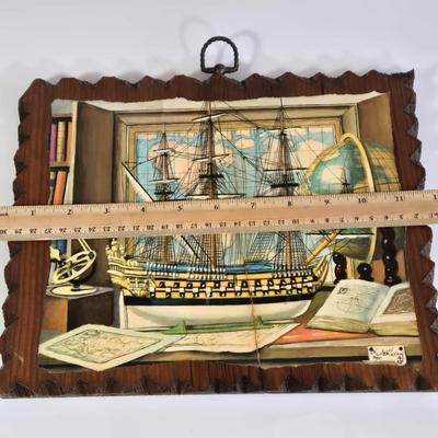 LOT 65L: 2 Charles Cerny Czech Artist 1960s Ship Art Print Wood Plaques, 2 Cast Iron Bookend/Doorsteop Jacks, and 2 Anchor Hocking Glass...