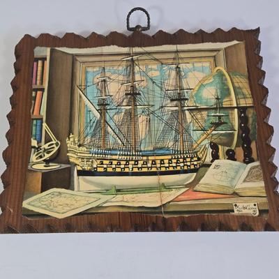 LOT 65L: 2 Charles Cerny Czech Artist 1960s Ship Art Print Wood Plaques, 2 Cast Iron Bookend/Doorsteop Jacks, and 2 Anchor Hocking Glass...