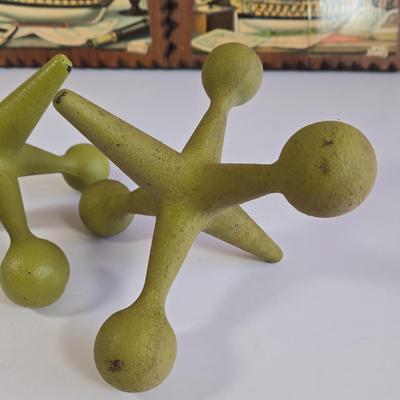 LOT 65L: 2 Charles Cerny Czech Artist 1960s Ship Art Print Wood Plaques, 2 Cast Iron Bookend/Doorsteop Jacks, and 2 Anchor Hocking Glass...