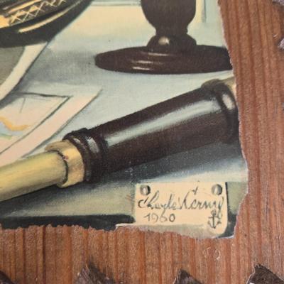 LOT 65L: 2 Charles Cerny Czech Artist 1960s Ship Art Print Wood Plaques, 2 Cast Iron Bookend/Doorsteop Jacks, and 2 Anchor Hocking Glass...