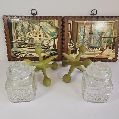 LOT 65L: 2 Charles Cerny Czech Artist 1960s Ship Art Print Wood Plaques, 2 Cast Iron Bookend/Doorsteop Jacks, and 2 Anchor Hocking Glass...
