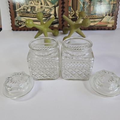 LOT 65L: 2 Charles Cerny Czech Artist 1960s Ship Art Print Wood Plaques, 2 Cast Iron Bookend/Doorsteop Jacks, and 2 Anchor Hocking Glass...