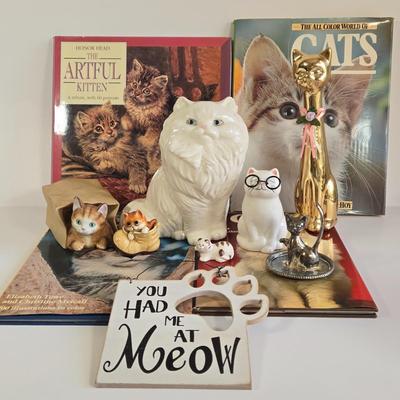 LOT 69L: Everything Cats, Books, Music Box, Ring Holder, Figurines, and More