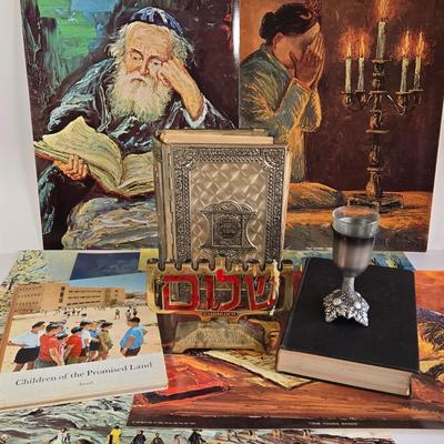 LOT 70L: Morris Katz Prints, Siddur with Decorative Metal Cover, Hen Holon Pewter Goblet, and More