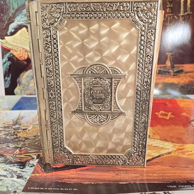 LOT 70L: Morris Katz Prints, Siddur with Decorative Metal Cover, Hen Holon Pewter Goblet, and More