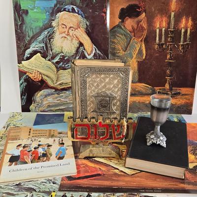 LOT 70L: Morris Katz Prints, Siddur with Decorative Metal Cover, Hen Holon Pewter Goblet, and More