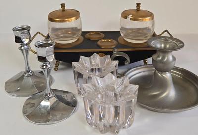 LOT 76K: Midcentury Vintage Black and Gold Condiment Caddy, Vintage Irvinware Chrome Candlestick Holders, Pewter Chamberstick Candle...