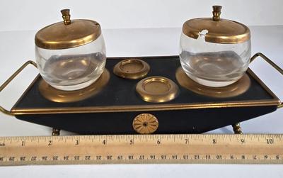 LOT 76K: Midcentury Vintage Black and Gold Condiment Caddy, Vintage Irvinware Chrome Candlestick Holders, Pewter Chamberstick Candle...