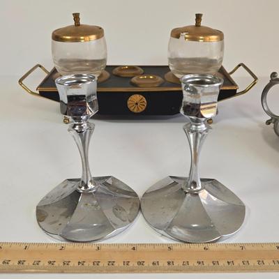 LOT 76K: Midcentury Vintage Black and Gold Condiment Caddy, Vintage Irvinware Chrome Candlestick Holders, Pewter Chamberstick Candle...