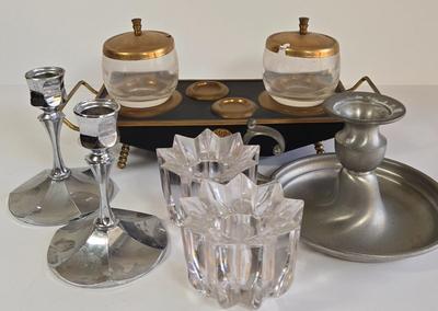 LOT 76K: Midcentury Vintage Black and Gold Condiment Caddy, Vintage Irvinware Chrome Candlestick Holders, Pewter Chamberstick Candle...