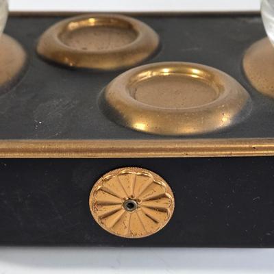 LOT 76K: Midcentury Vintage Black and Gold Condiment Caddy, Vintage Irvinware Chrome Candlestick Holders, Pewter Chamberstick Candle...