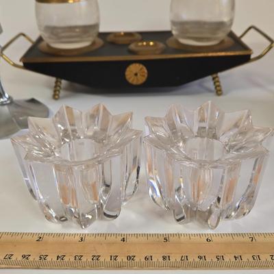 LOT 76K: Midcentury Vintage Black and Gold Condiment Caddy, Vintage Irvinware Chrome Candlestick Holders, Pewter Chamberstick Candle...