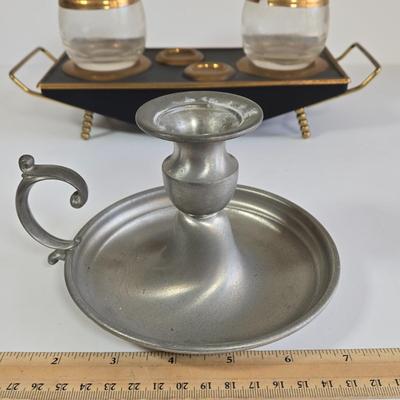 LOT 76K: Midcentury Vintage Black and Gold Condiment Caddy, Vintage Irvinware Chrome Candlestick Holders, Pewter Chamberstick Candle...