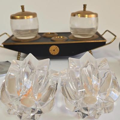 LOT 76K: Midcentury Vintage Black and Gold Condiment Caddy, Vintage Irvinware Chrome Candlestick Holders, Pewter Chamberstick Candle...