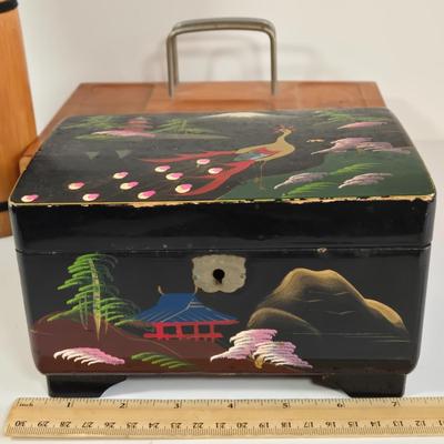 LOT 77K: Vintage Marc Chagall 12 Tribes Stained Glass Window, Vintage Japanese Black Lacquer Musical Jewelry Box, Wood Dresser Valet,...