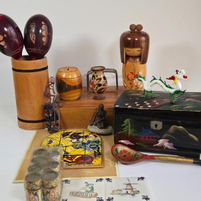 LOT 77K: Vintage Marc Chagall 12 Tribes Stained Glass Window, Vintage Japanese Black Lacquer Musical Jewelry Box, Wood Dresser Valet,...