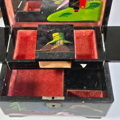 LOT 77K: Vintage Marc Chagall 12 Tribes Stained Glass Window, Vintage Japanese Black Lacquer Musical Jewelry Box, Wood Dresser Valet,...