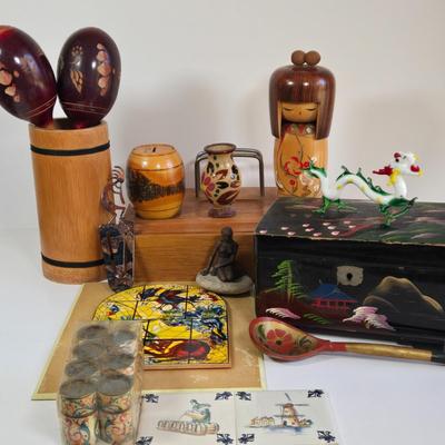 LOT 77K: Vintage Marc Chagall 12 Tribes Stained Glass Window, Vintage Japanese Black Lacquer Musical Jewelry Box, Wood Dresser Valet,...