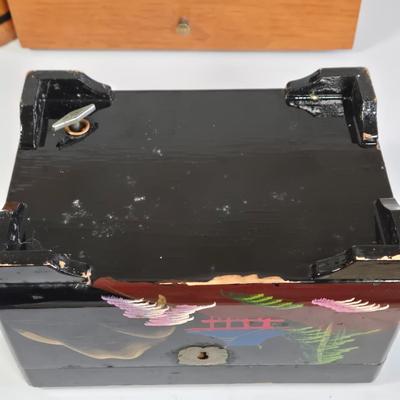 LOT 77K: Vintage Marc Chagall 12 Tribes Stained Glass Window, Vintage Japanese Black Lacquer Musical Jewelry Box, Wood Dresser Valet,...