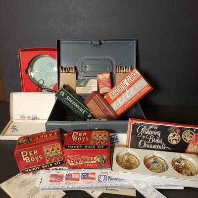 LOT 89B: Vintage Office Supplies & Tools, Pep Boys Tin Boxes, Crayola Silver & Gold Crayons, Note Card Set & Brass Christmas...