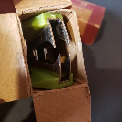 LOT 89B: Vintage Office Supplies & Tools, Pep Boys Tin Boxes, Crayola Silver & Gold Crayons, Note Card Set & Brass Christmas...