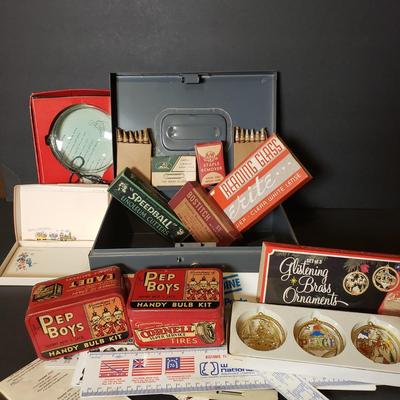 LOT 89B: Vintage Office Supplies & Tools, Pep Boys Tin Boxes, Crayola Silver & Gold Crayons, Note Card Set & Brass Christmas...