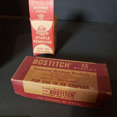 LOT 89B: Vintage Office Supplies & Tools, Pep Boys Tin Boxes, Crayola Silver & Gold Crayons, Note Card Set & Brass Christmas...