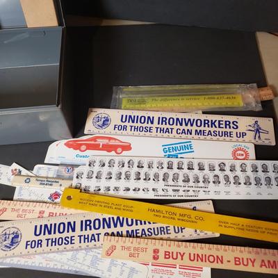 LOT 89B: Vintage Office Supplies & Tools, Pep Boys Tin Boxes, Crayola Silver & Gold Crayons, Note Card Set & Brass Christmas...