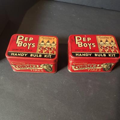 LOT 89B: Vintage Office Supplies & Tools, Pep Boys Tin Boxes, Crayola Silver & Gold Crayons, Note Card Set & Brass Christmas...