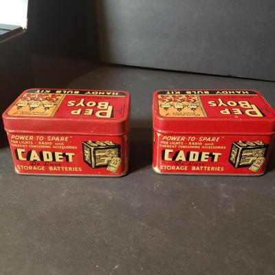 LOT 89B: Vintage Office Supplies & Tools, Pep Boys Tin Boxes, Crayola Silver & Gold Crayons, Note Card Set & Brass Christmas...