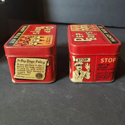 LOT 89B: Vintage Office Supplies & Tools, Pep Boys Tin Boxes, Crayola Silver & Gold Crayons, Note Card Set & Brass Christmas...