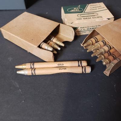 LOT 89B: Vintage Office Supplies & Tools, Pep Boys Tin Boxes, Crayola Silver & Gold Crayons, Note Card Set & Brass Christmas...