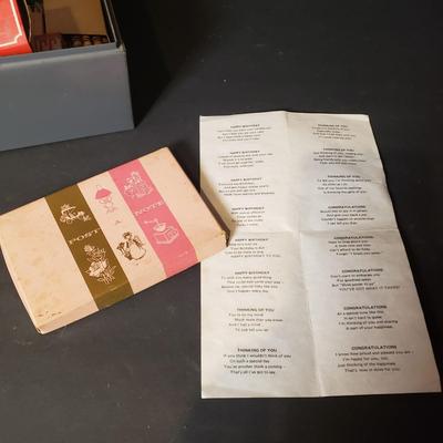 LOT 89B: Vintage Office Supplies & Tools, Pep Boys Tin Boxes, Crayola Silver & Gold Crayons, Note Card Set & Brass Christmas...