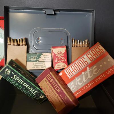 LOT 89B: Vintage Office Supplies & Tools, Pep Boys Tin Boxes, Crayola Silver & Gold Crayons, Note Card Set & Brass Christmas...