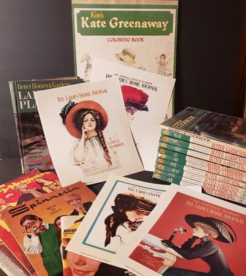 LOT 90B: Ladies' Home Journal Prints, Vintage Crochet & Knitting Patterns, Kate Greenway Coloring Book & Collection of...