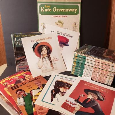 LOT 90B: Ladies' Home Journal Prints, Vintage Crochet & Knitting Patterns, Kate Greenway Coloring Book & Collection of...